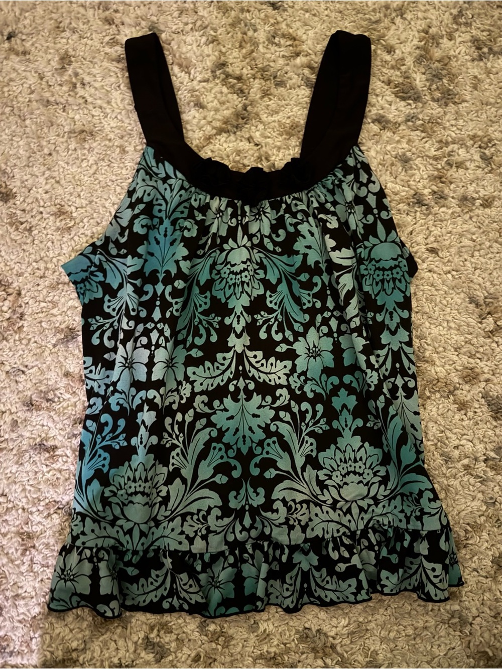 new directions Black and Teal Floral Damask Ruffle Tank